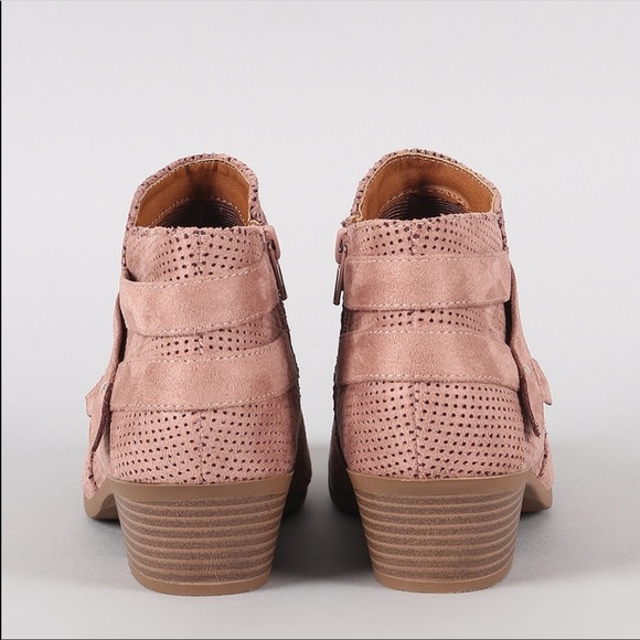 Blush Pink Perforated Buckle Detail Ankle Booties - Picture 3 of 4